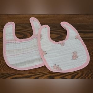 Aden + Anais pink muslin baby bibs, stripes and elephants, set of 2